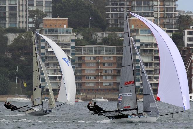 Race leader Harken (USA) leads Peroni on the second leg of the course - JJ Giltinan 18ft Skiff Championship © Frank Quealey /Australian 18 Footers League http://www.18footers.com.au